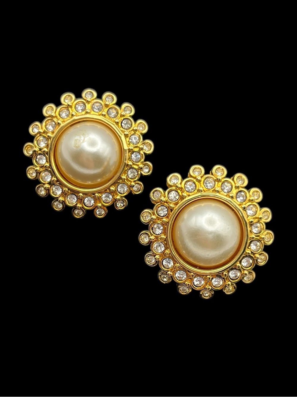 Swarovski swan gold tone clear bezel set rhinestone sunburst faux pearl earrings